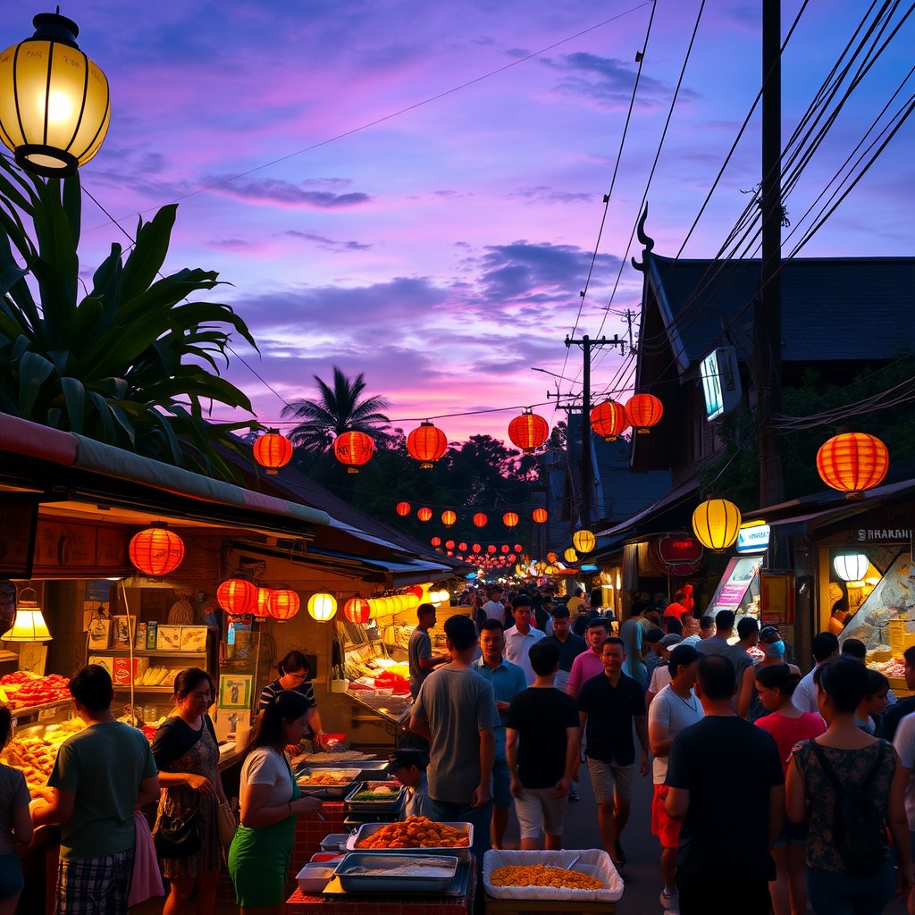 A vibrant street scene in Thailand, showcasing a bustling night market filled with colorful stalls, shining lanterns, and delicious street food being prepared