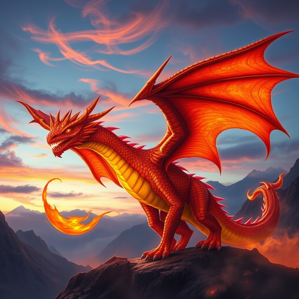 A majestic dragon inspired by the Smolder style from League of Legends, featuring vibrant and fiery colors such as deep reds, oranges, and vibrant yellows
