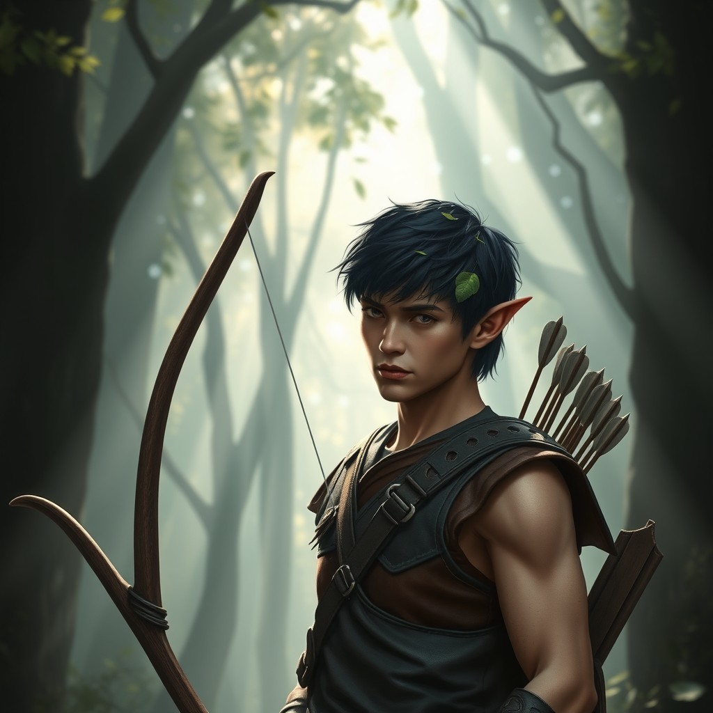 A male wood elf archer with dark hair, showcasing a sad expression