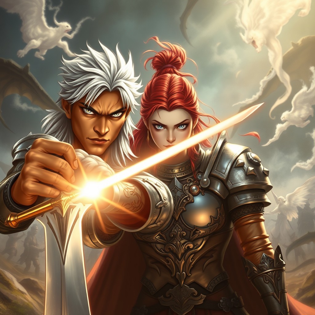 A fantasy scene depicting a caramel-skinned general with striking silver hair and piercing silver eyes, confidently pointing a gleaming sword towards a red-haired lady