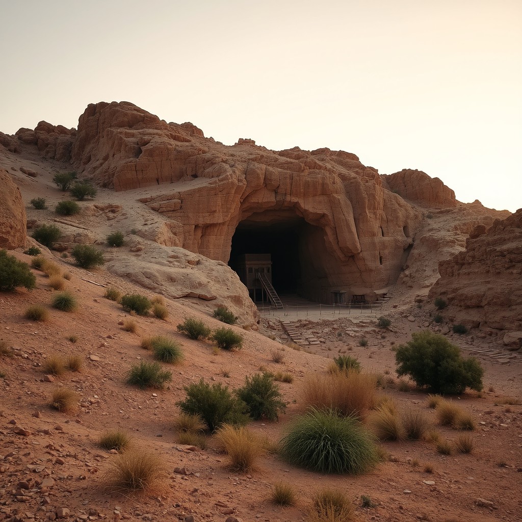 A serene and historic portrayal of the Hira Cave, located near Mecca, dating back to the 7th century