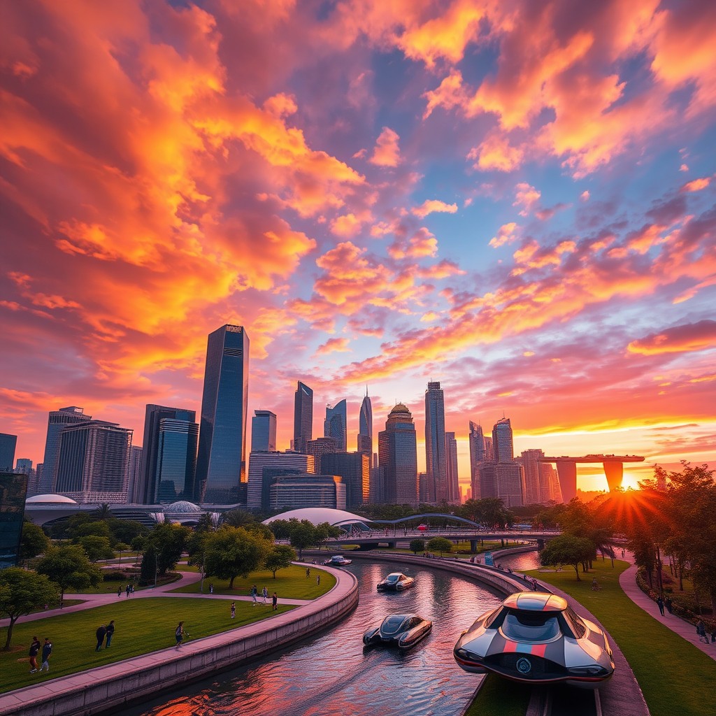 A dynamic landscape showcasing a futuristic city skyline at sunset, with vivid colors illuminating the clouds