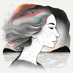 A drawing of a side face women in a sunset at the beach with colliding galaxies that goes from colors to back and white