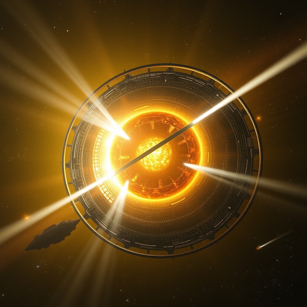 A stunning visual of a Dyson Sphere surrounding a star, with intricate details showcasing the advanced technology of the sphere