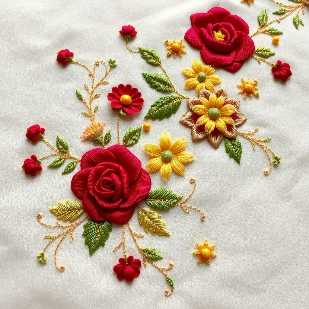 An intricate and beautiful embroidery design featuring floral patterns with a mix of roses, daisies, and leaves, stitched in vibrant colors like red, yellow, and green