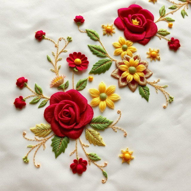 An intricate and beautiful embroidery design featuring floral patterns with a mix of roses, daisies, and leaves, stitched in vibrant colors like red, yellow, and green