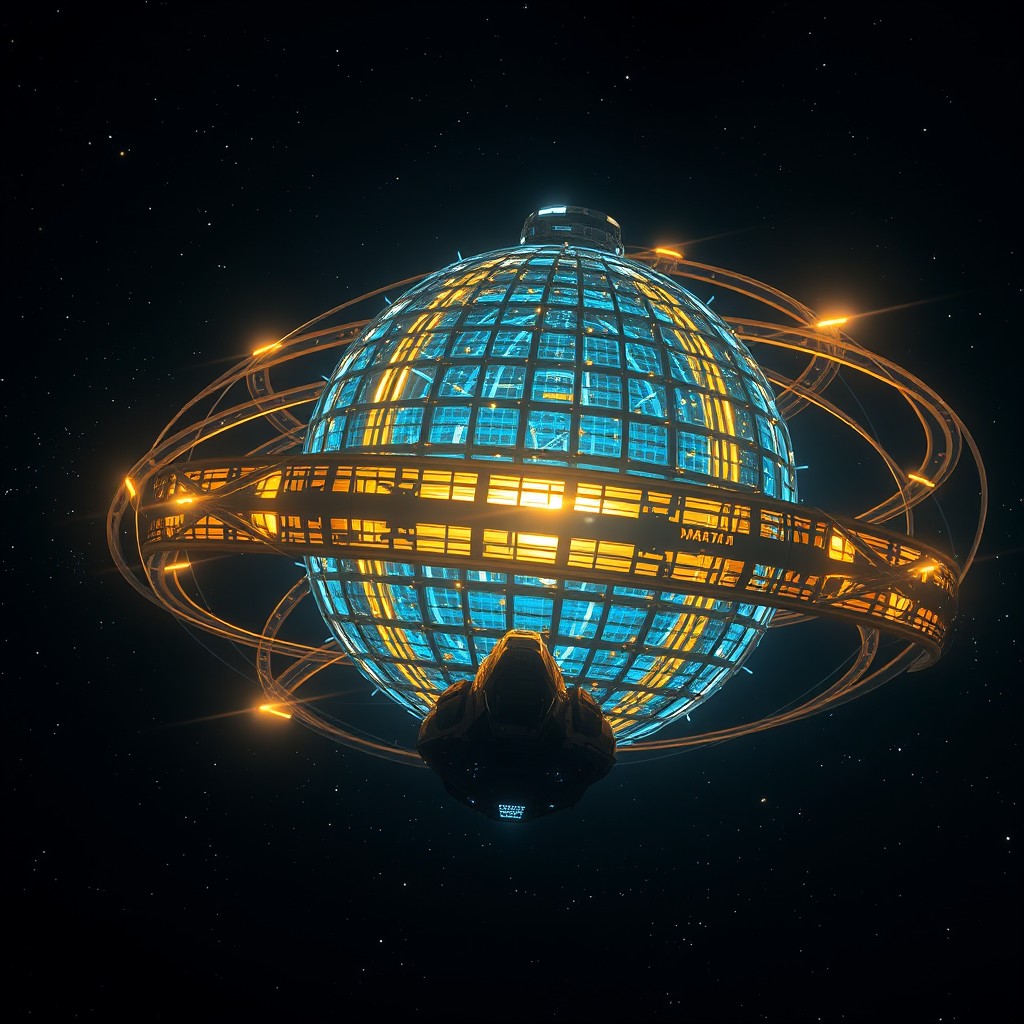 A breathtaking and futuristic Dyson Sphere orbiting a distant star, showcasing a vast, metallic structure that harnesses energy from the star's light