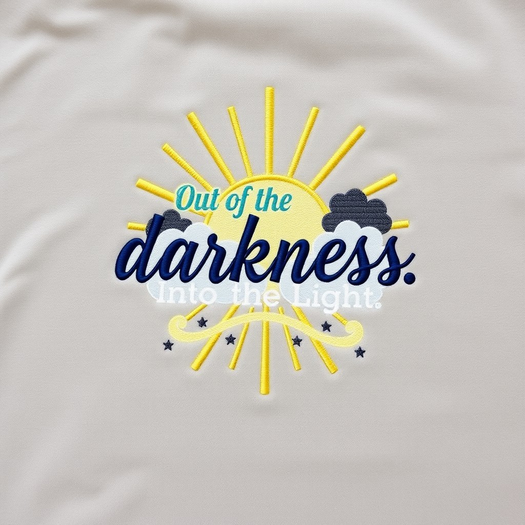 A stylish and uplifting embroidery design for a shirt, featuring the phrase "Out of the darkness