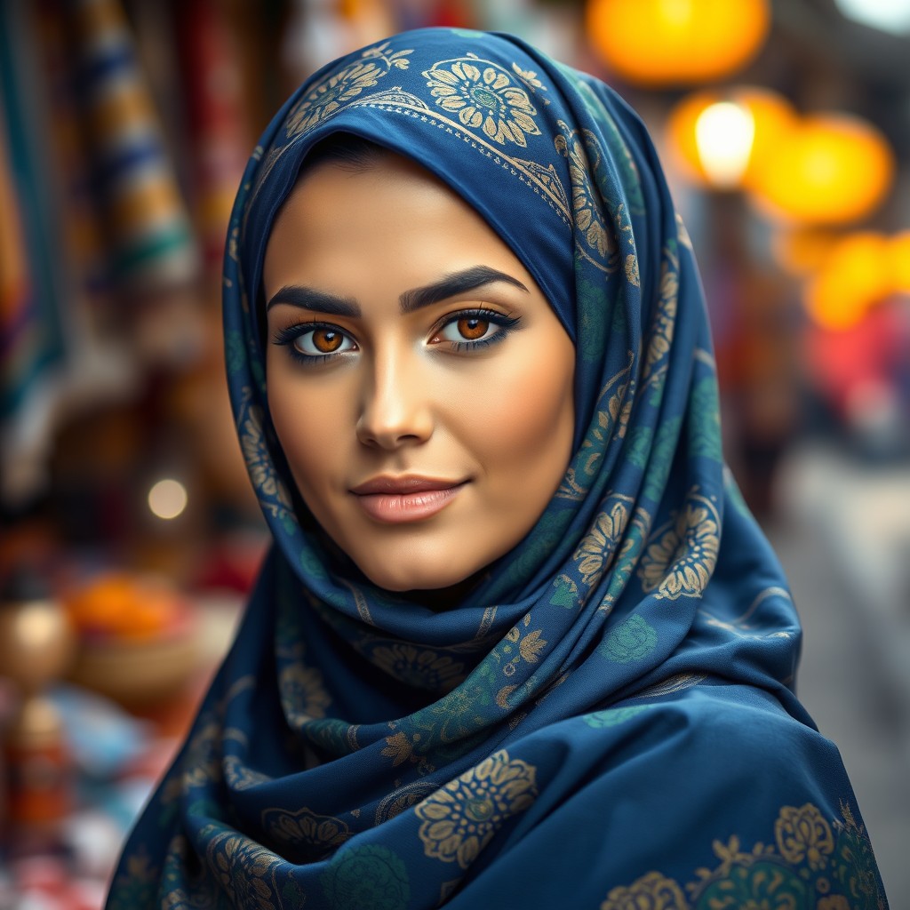 A stunning portrait of a woman wearing a colorful hijab, elegantly draping her head and shoulders
