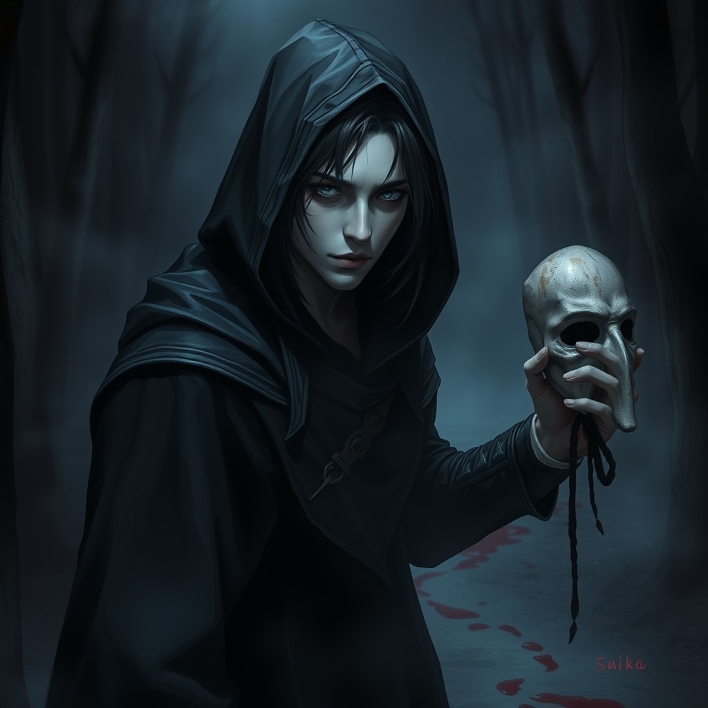 A dark-themed scene featuring a male half-elf character with gray eyes, long black hair, and pale skin