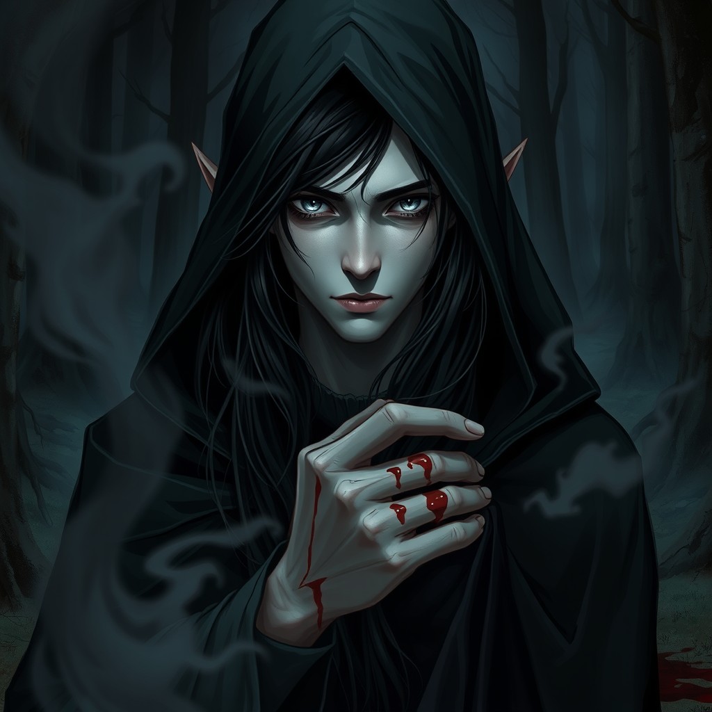 A dark-themed scene featuring a male half-elf character with striking gray eyes, long black hair cascading down, and pale skin
