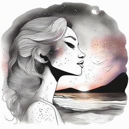 A drawing of a side face women in a sunset at the beach with colliding galaxies that goes from colors to back and white