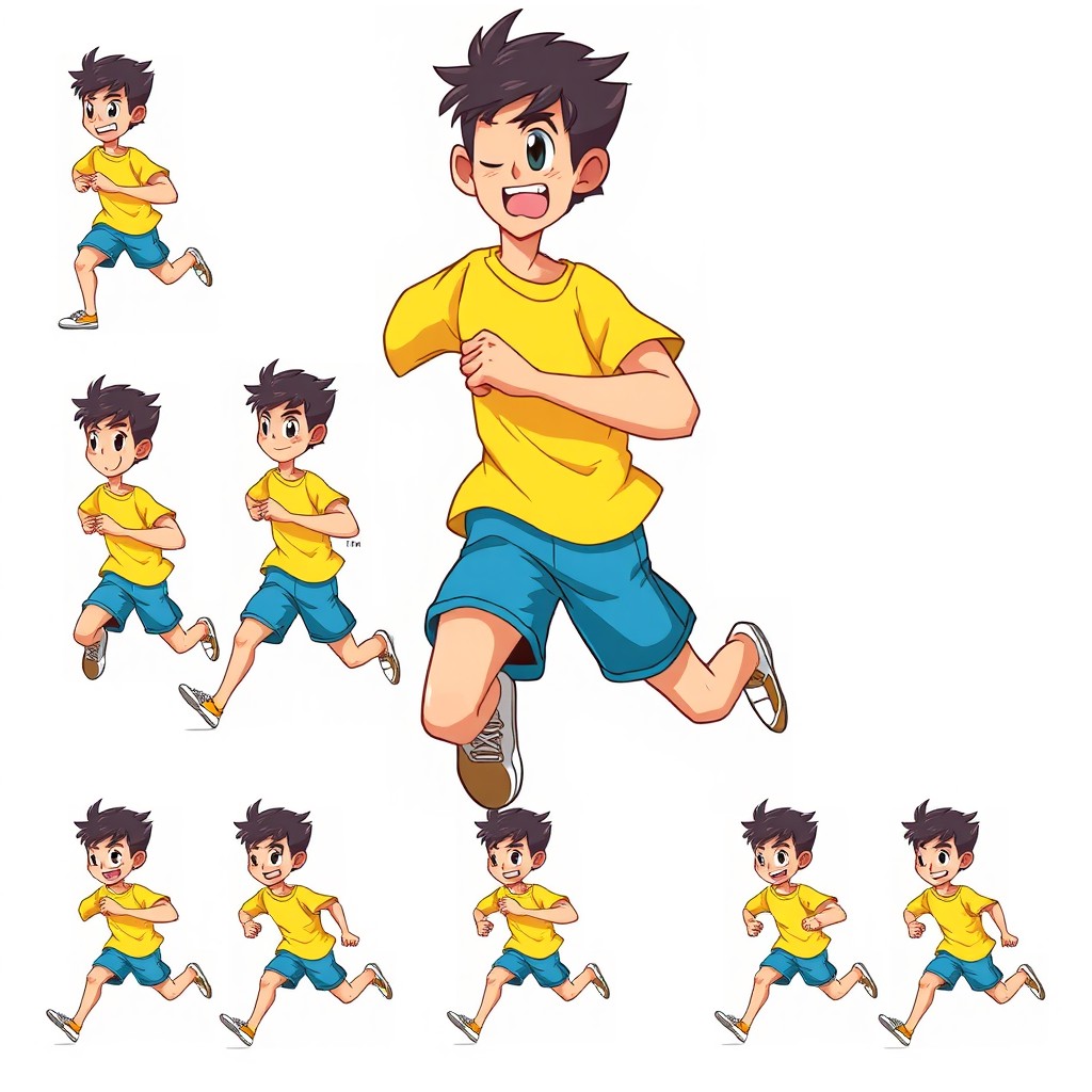 A dynamic anime character sprite sheet, showcasing a character in mid-run animation with vibrant pastel colors