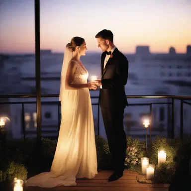 As the sun set, the couple enjoyed a romantic candlelit dinner on the balcony of their walk-up apartment, gazing into each other's eyes.