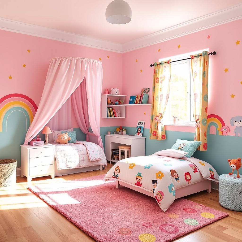 A cozy and colorful kids' bedroom featuring a playful theme