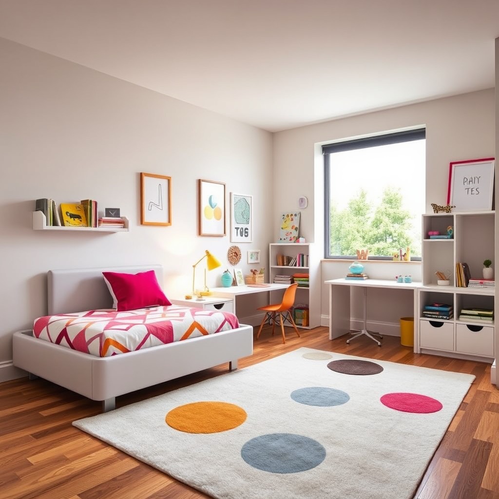 A stylish and modern kids' bedroom featuring a contemporary design with clean lines and vibrant accents