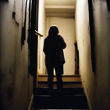 The horror film protagonist felt the hair on the back of their neck stand up as they climbed the dimly lit staircase of the old walk-up apartment building, anticipating a terrifying encounter at the top.