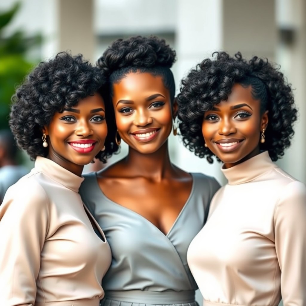Three beautiful black women standing next to each other, each with stylish pixie curly hair