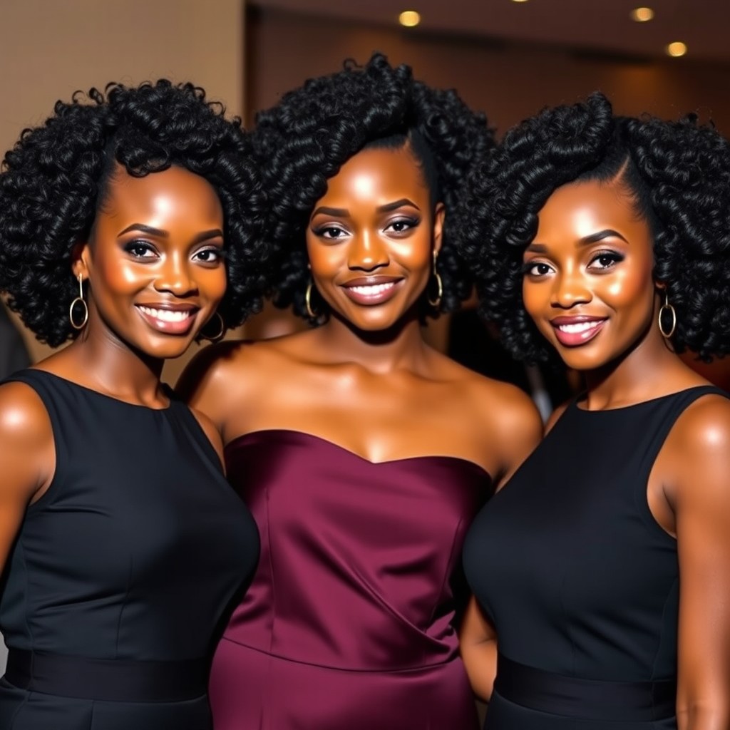 Three beautiful black women standing next to each other, showcasing stunning long curly pixie bundles