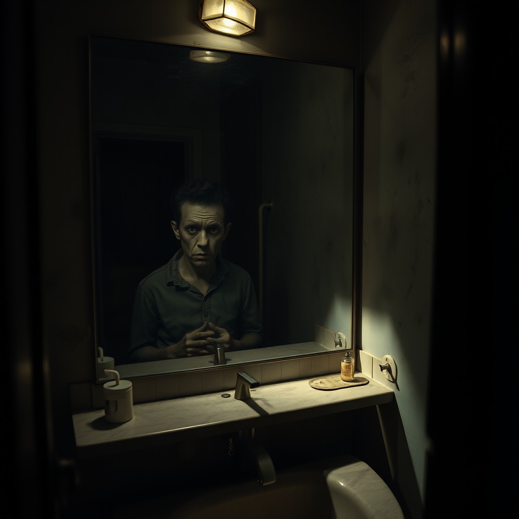 A dimly lit bathroom with an eerie atmosphere, featuring a large mirror that reflects a figure behaving unnaturally, giving off a creepy vibe
