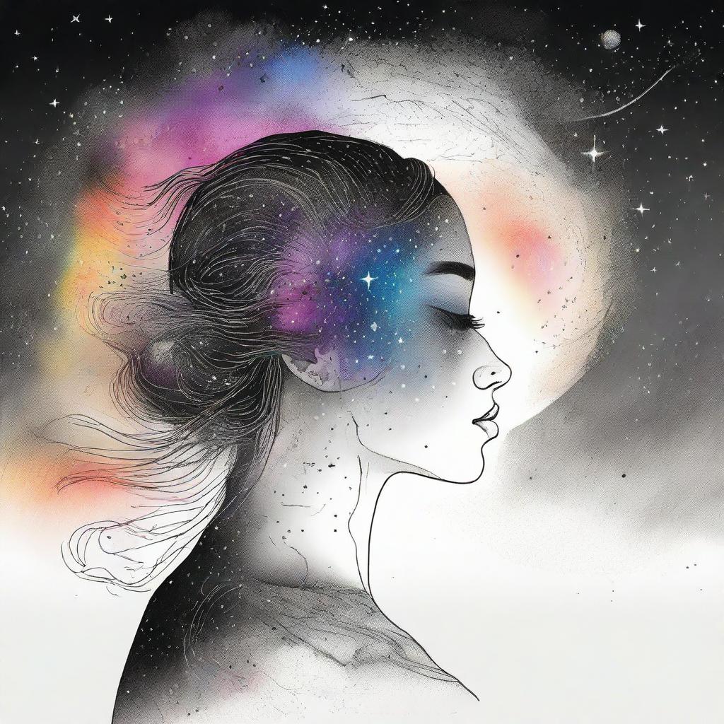 A drawing of a side face women in a sunset at the beach with colliding galaxies that goes from colors to back and white