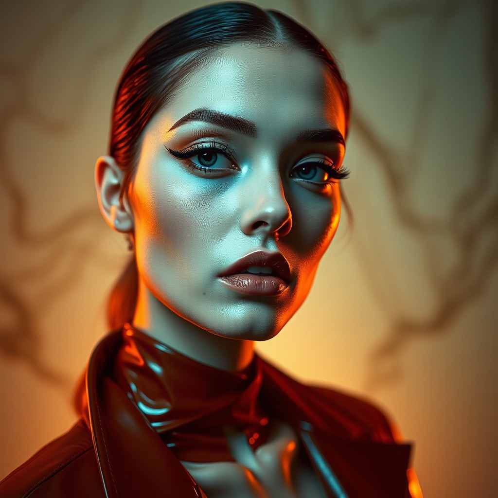 A surreal editorial fashion photoshoot featuring a close-up portrait of a model with their face turned at a 3/4 angle