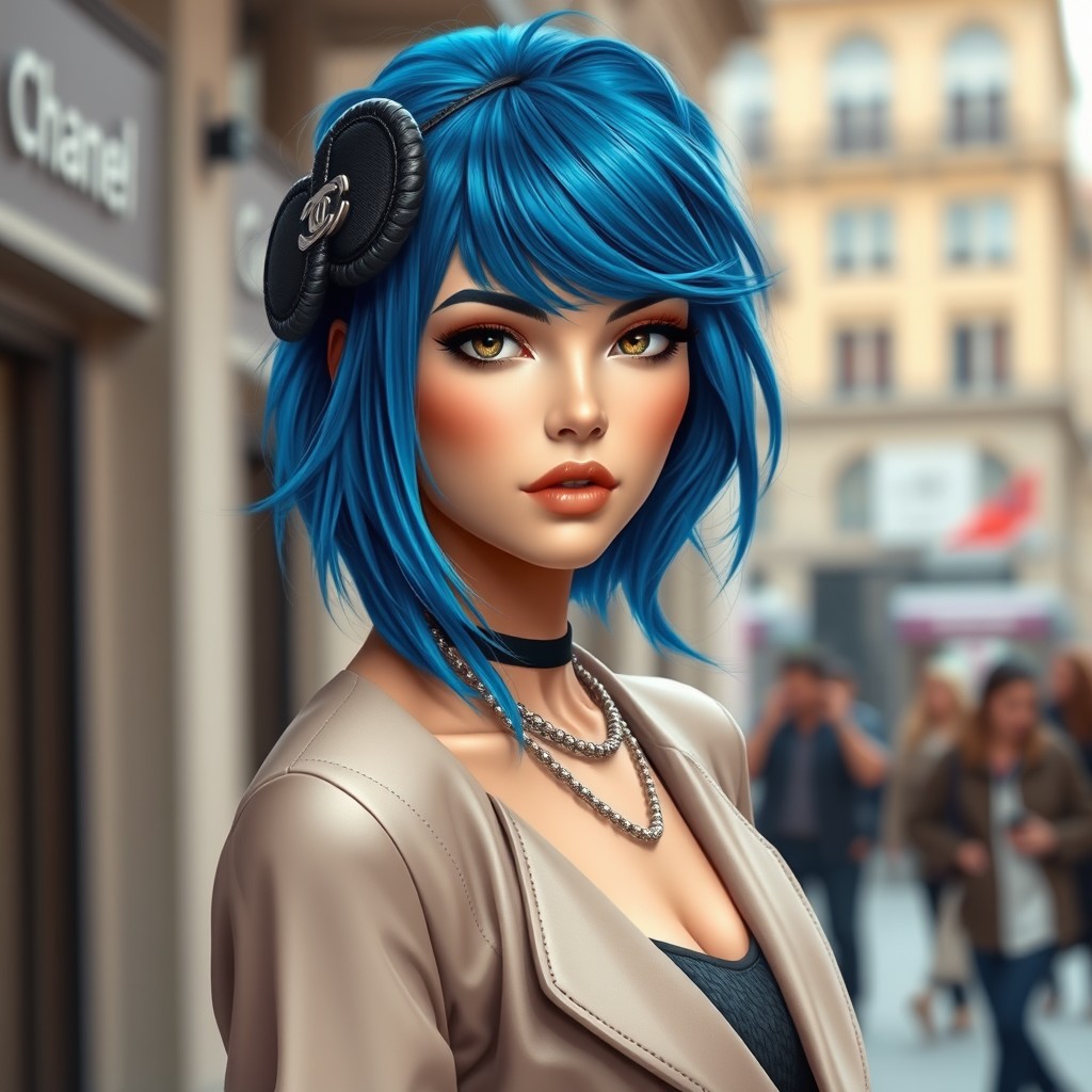 A stunning female character with striking blue Chanel-inspired hair styled elegantly, embodying a modern and chic aesthetic