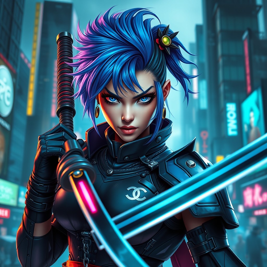 A fierce female character with vibrant blue Chanel-inspired hair styled in an edgy, futuristic manner, embodying a cyberpunk samurai aesthetic