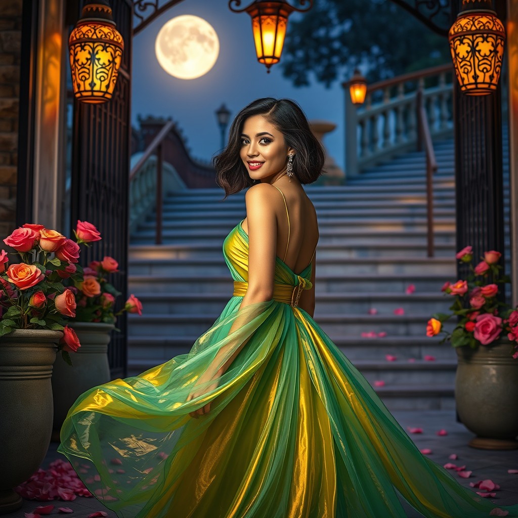 In a scene illuminated by the soft glow of the full moon, a woman elegantly stands at the entrance of an ornate gate, her flowing dress bathed in vibrant shades of green, gold, and turquoise, shimmering like a sunset