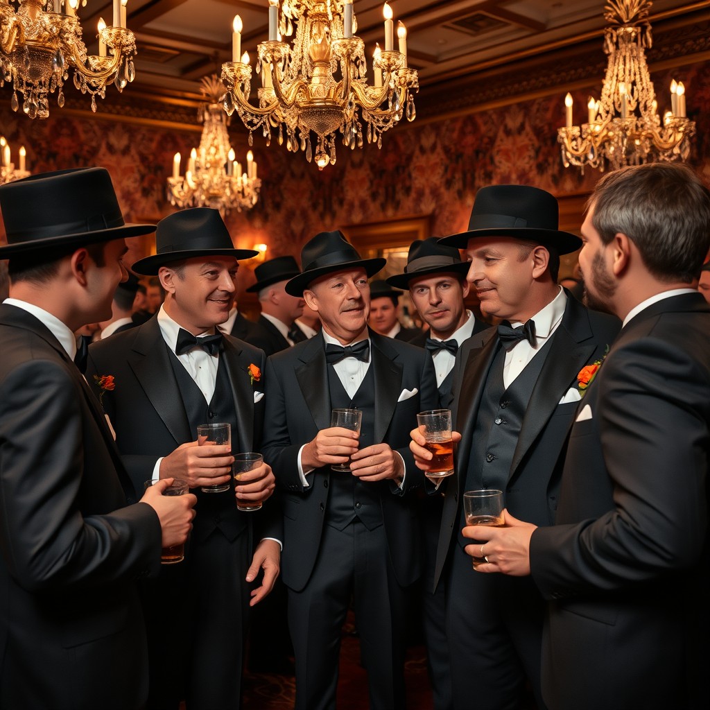A group of dapper gentlemen dressed in elegant suits from the early 20th century, gathered in a lavish ballroom