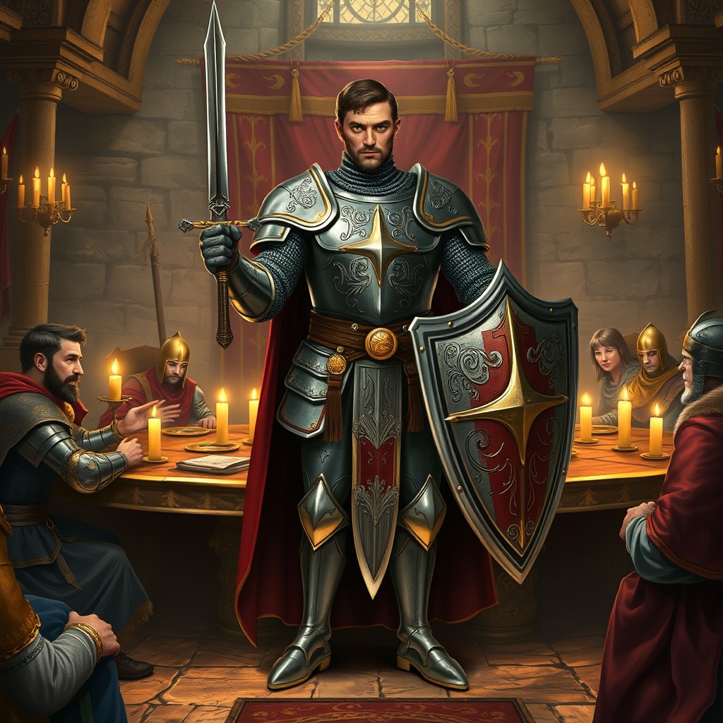 A heroic knight from the legend of King Arthur, standing proudly at the Round Table in a grand medieval hall