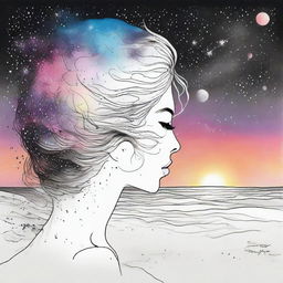 A drawing of a side face women in a sunset at the beach with a back colliding galaxies from colors to back and white