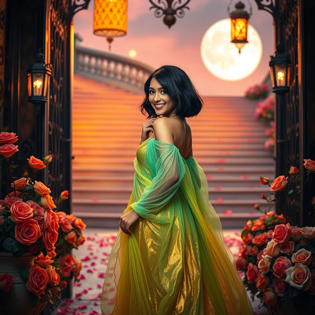 In a captivating scene illuminated by the soft glow of the full moon, a woman stands gracefully at the entrance of an ornate gate, her flowing dress washed in vibrant shades of green, gold, and turquoise, shimmering like a sunset