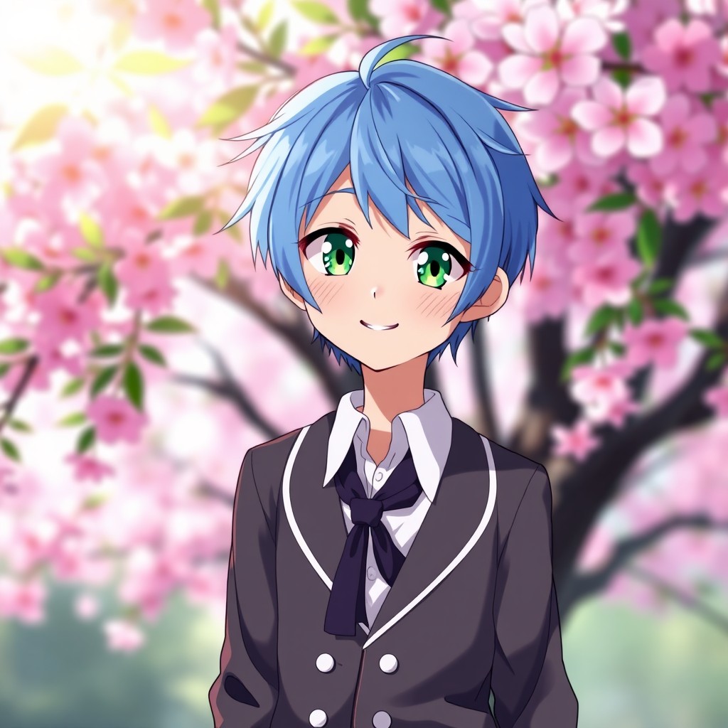 A cute anime boy with bright blue hair and striking green eyes, wearing a stylish school uniform