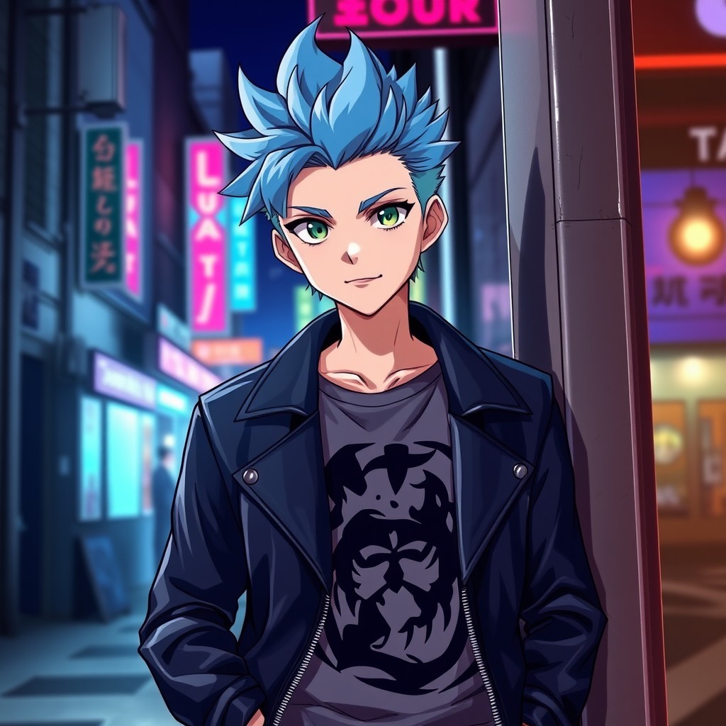 A cool anime boy with striking blue hair styled in a spiky manner, wearing a stylish black leather jacket over a graphic t-shirt