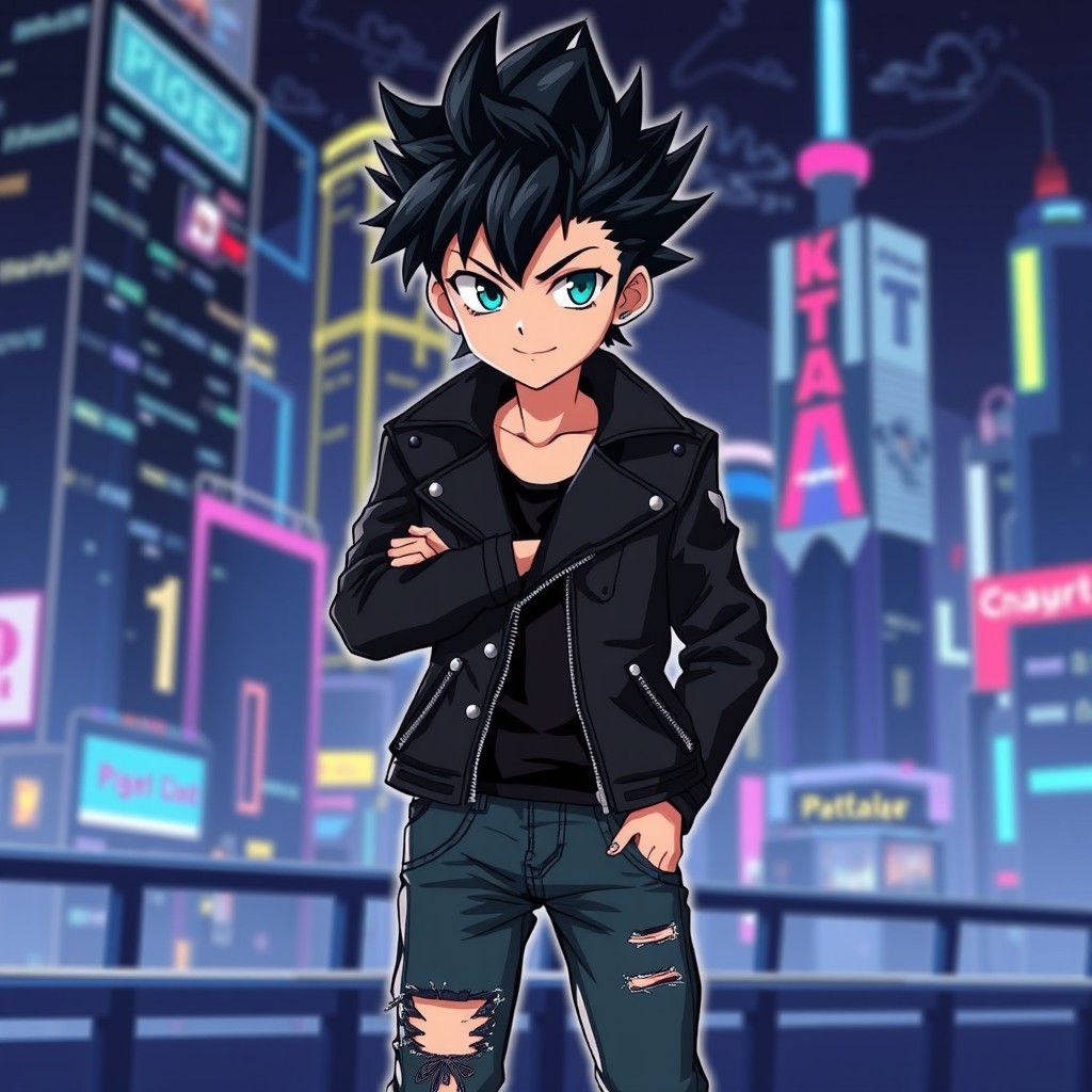 A cool anime boy with spiky black hair and vibrant turquoise eyes, dressed in a stylish black leather jacket with silver studs
