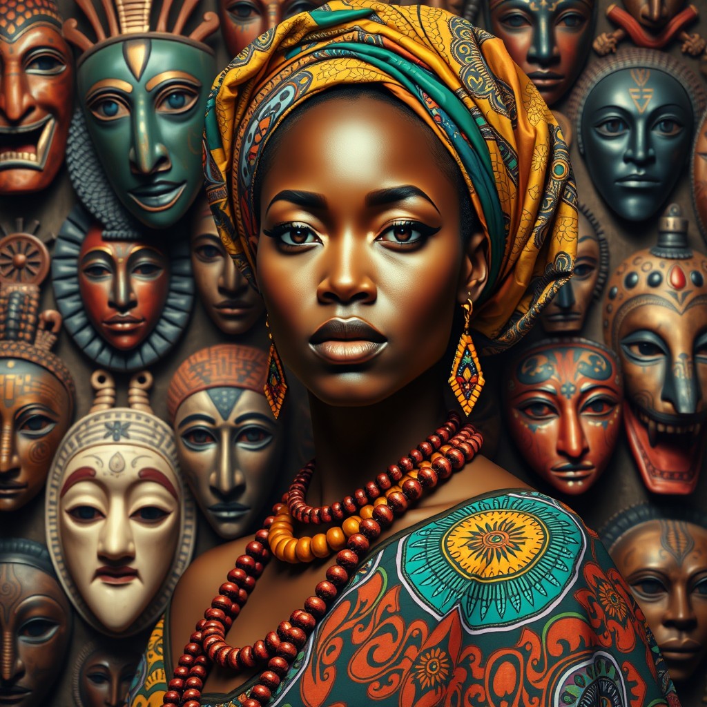 A hyperrealistic pop-surreal advertisement-style painting featuring an African woman dressed in vibrant, traditional African clothing, showcasing intricate patterns and rich colors
