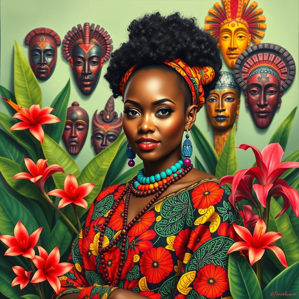 A hyperrealistic pop-surreal advertisement-style painting featuring an African woman dressed in vibrant, traditional African clothing, adorned with intricate patterns and bold colors
