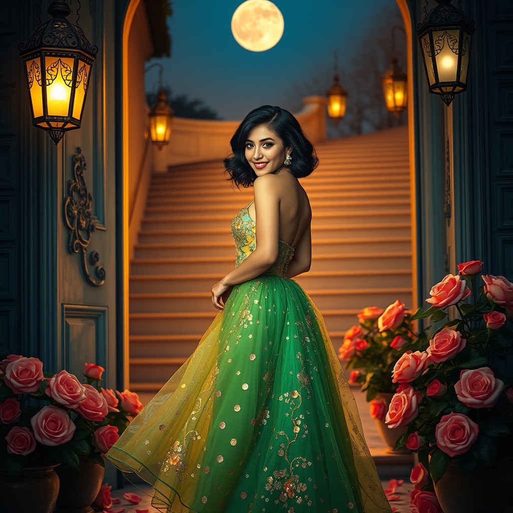 In a mesmerizing scene illuminated by the soft glow of the full moon, a woman stands elegantly at the entrance of an ornate doorway