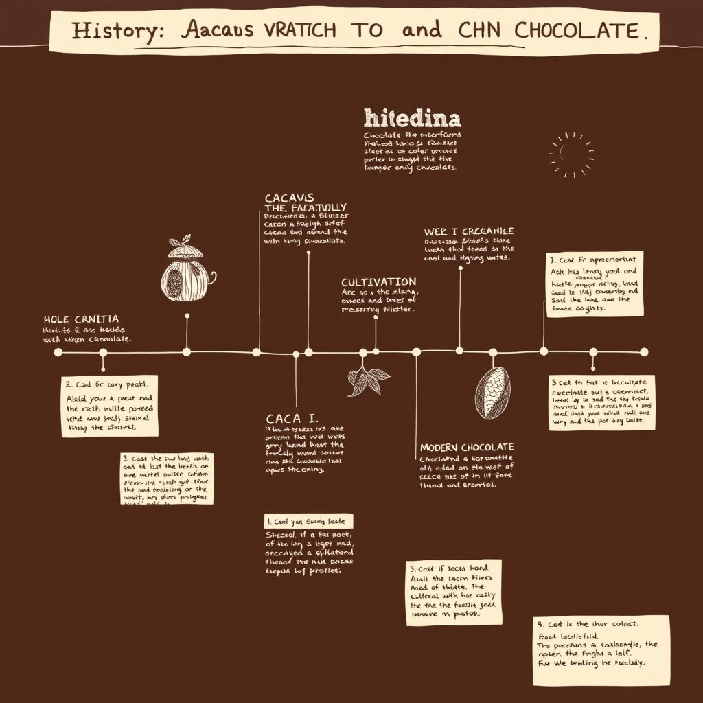 A detailed illustrated timeline of the history of cacao discovery to modern chocolate, featuring key stages such as the discovery of cacao by ancient civilizations, the cultivation of cacao, processing methods through history, and the transformation into modern chocolate