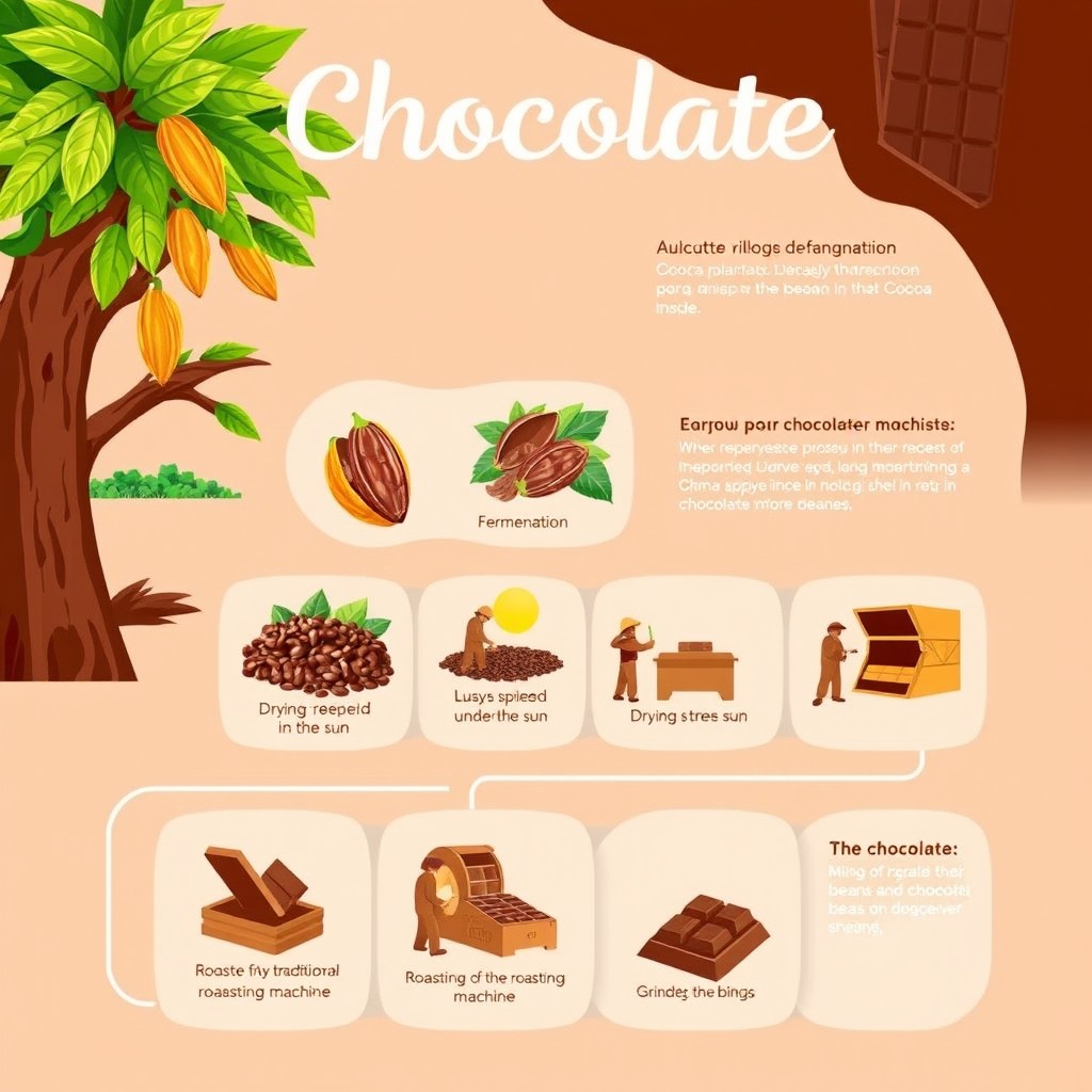 A visually engaging and informative illustration depicting the steps of chocolate production