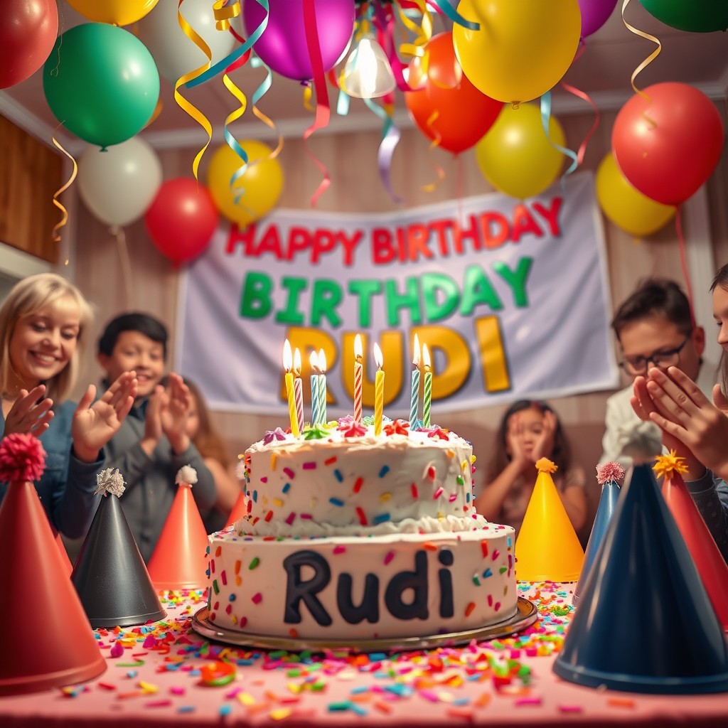 An enchanting birthday celebration scene for Rudi, featuring a beautifully decorated cake with colorful frosting and candles