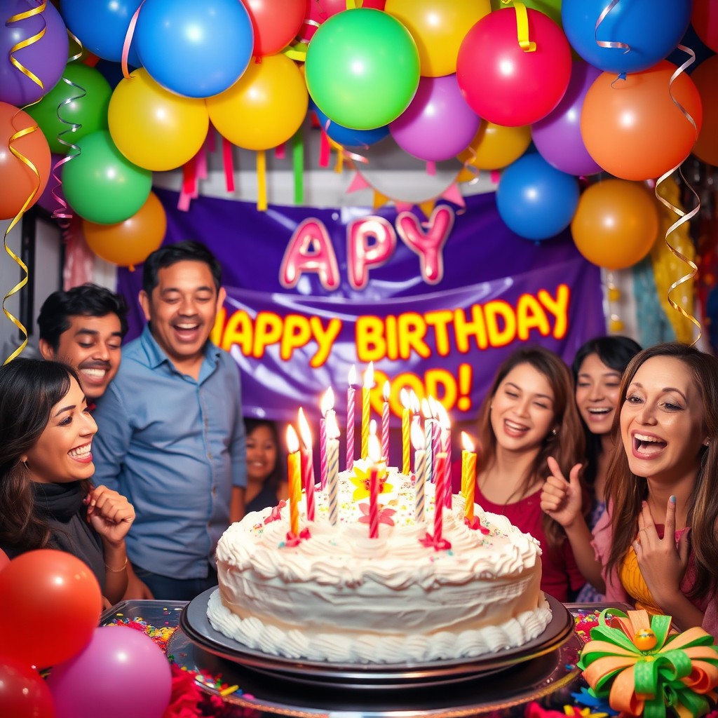 A vibrant and festive birthday scene featuring colorful balloons, decorative streamers, and a large birthday cake adorned with candles, surrounded by cheerful party decorations