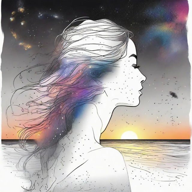 A drawing of a side face women in a sunset at the beach with a back colliding galaxies from colors to back and white