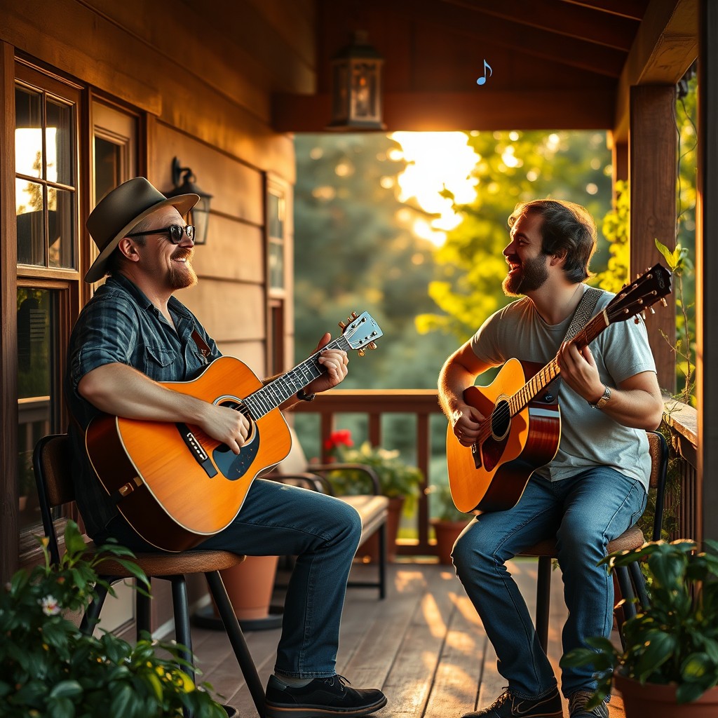 Two men playing acoustic guitars on a cozy wooden porch, surrounded by lush greenery