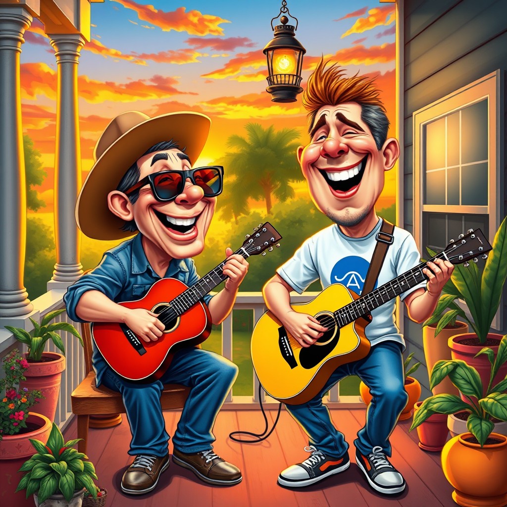A colorful caricature of two men playing guitars on a cozy porch