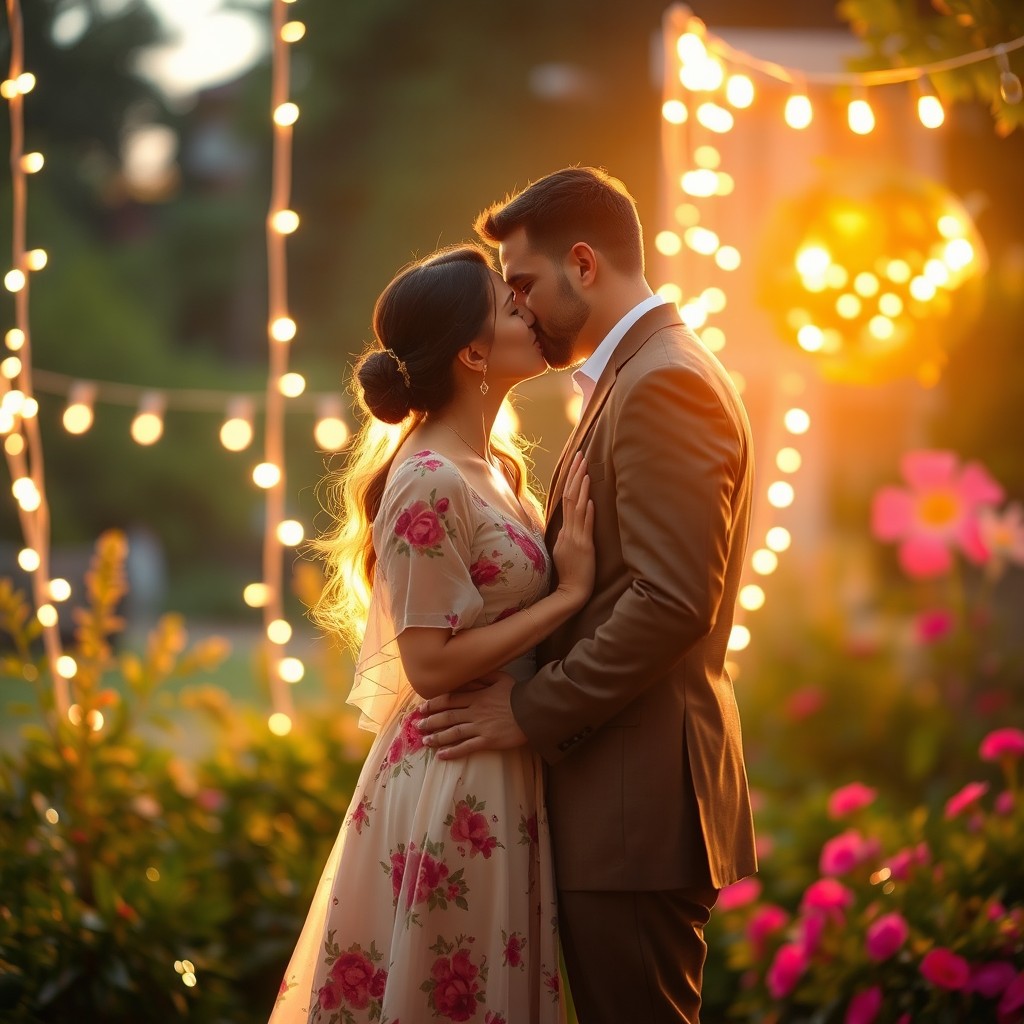 A romantic couple sharing a passionate kiss in a beautiful outdoor setting, surrounded by soft glowing fairy lights
