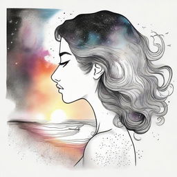 A drawing of a side face women in a sunset at the beach with a back colliding galaxies from colors to back and white