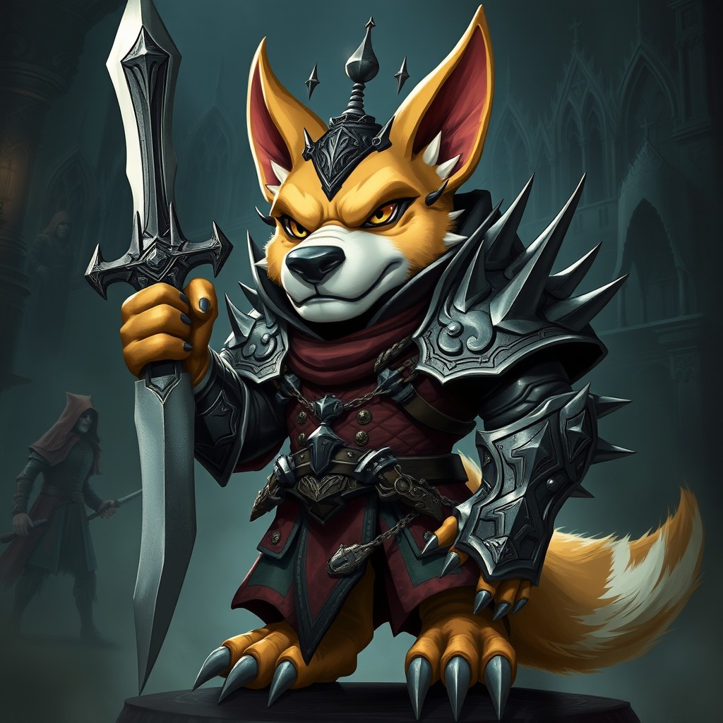 A humanoid dog character designed as an evil politician, wearing intricate armor adorned with spikes and dark motifs