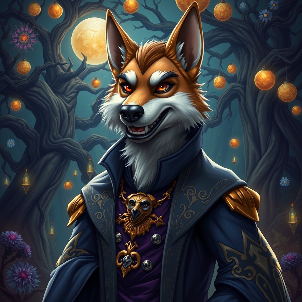 A humanoid dog character designed as an evil politician, featuring a cunning smile and dressed in elaborate, ornate robes with an air of authority